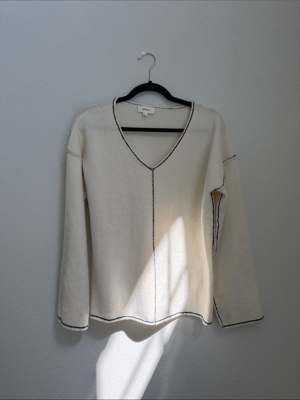 bohme Cream V-Neck Sweatshirt with Black Contrast Stitching